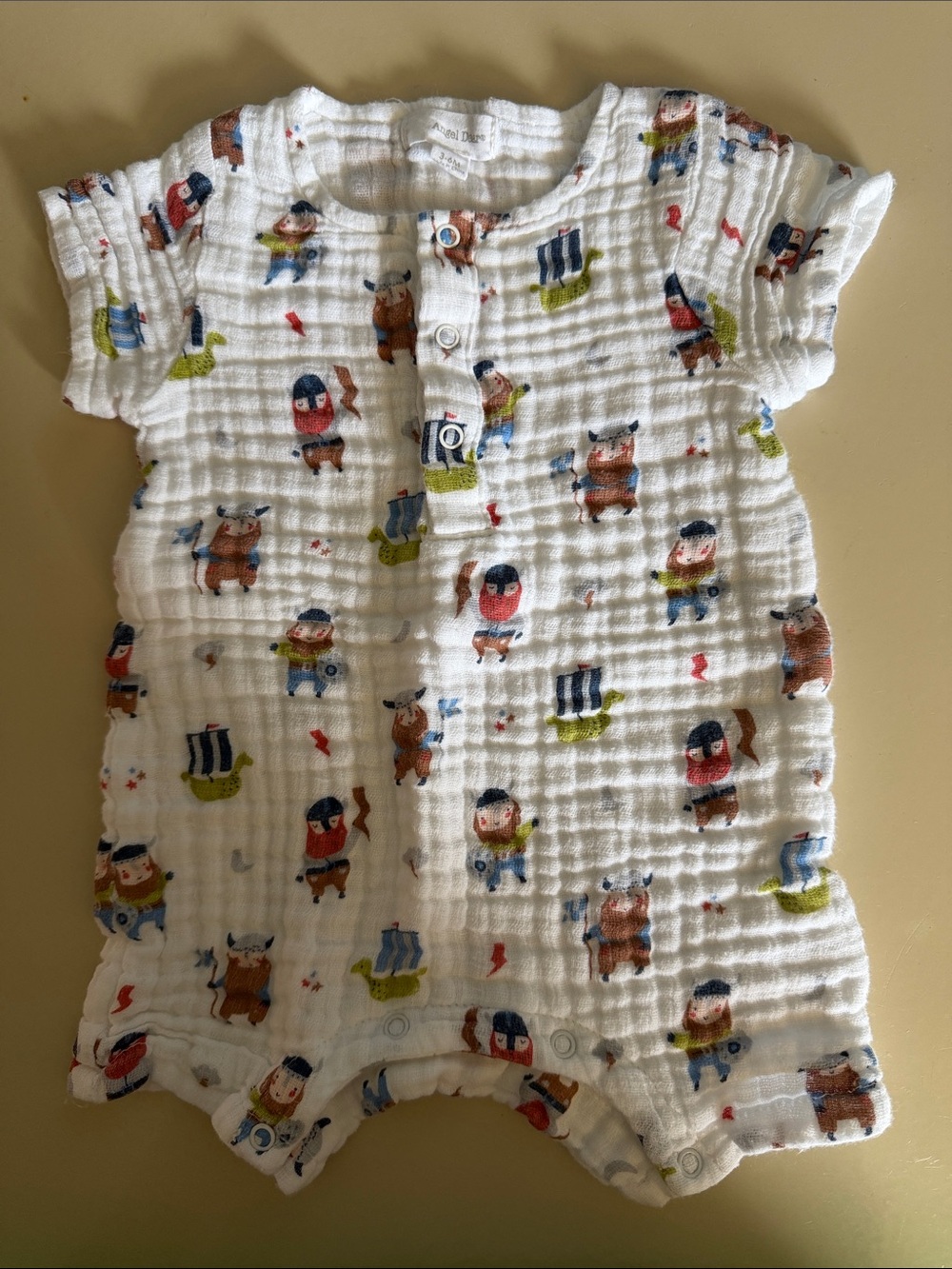 NWOT Angel Dear 100% cotton muslin White Baby Romper with Colorful Viking Print